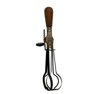 Vintage A&J Egg Beater Hand Mixer USA Wood Handle Wire Knob Turns Real Easy 11"